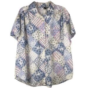Vintage Tap & Co Short Sleeve Button Up Patchwork Quilt Look Print Blue Size XL